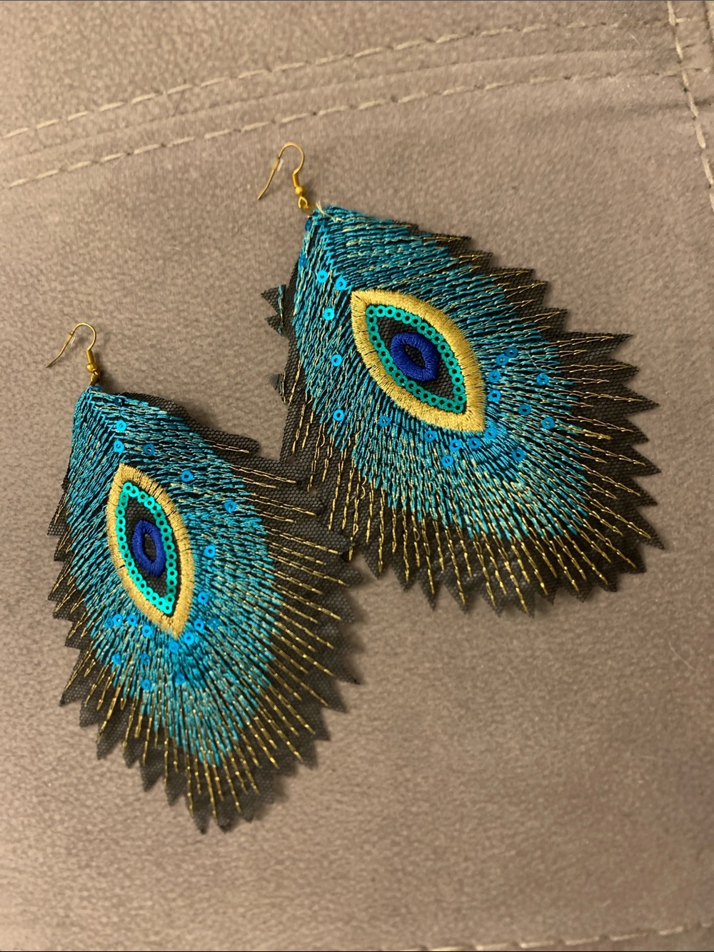 Turquoise Peacock Feather Drop Earrings with Gold Accents